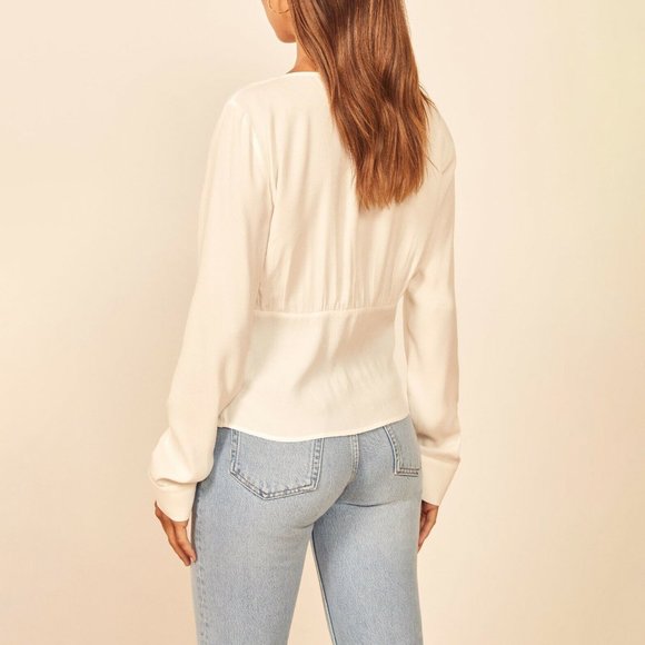 Reformation White Fulham Long Sleeve Crepe Blouse sz M - Picture 8 of 10